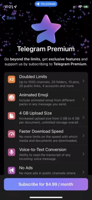 Telegram premium features