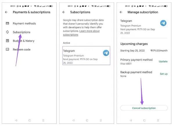 Telegram premium cancel subscription in Android