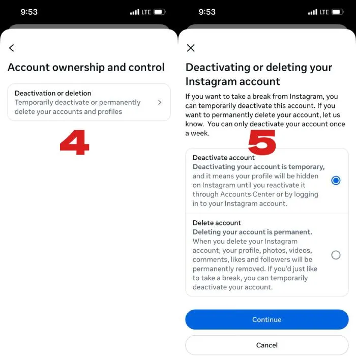 Delete Instagram account on iphone
