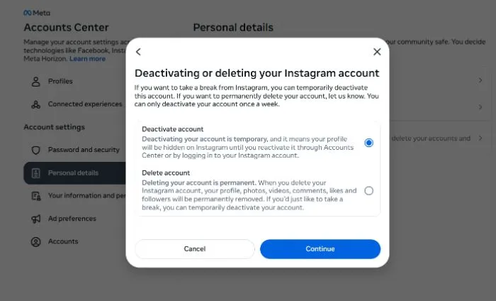 Delete Instagram account in the Web version