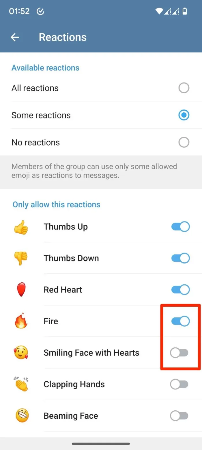 Manage reaction on telegram channel