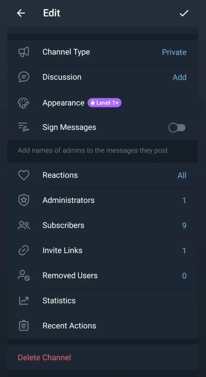 Privacy settings to private channels